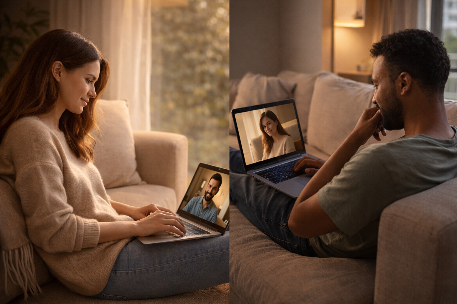 Two people connecting over video from home